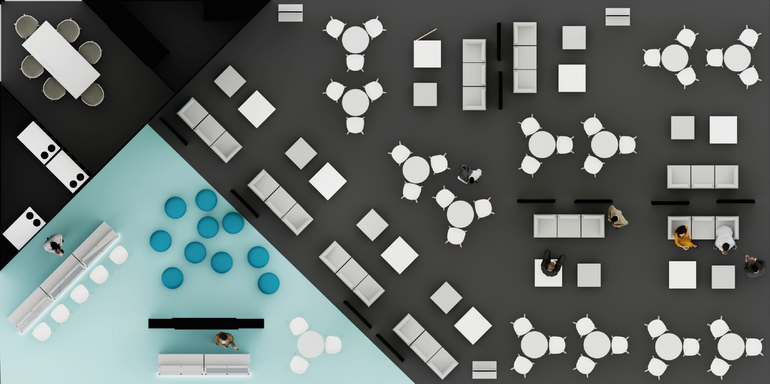 Draufsicht auf BEMD Messestand-Grundriss mit Lounge-, Tresen- und Tischbereichen